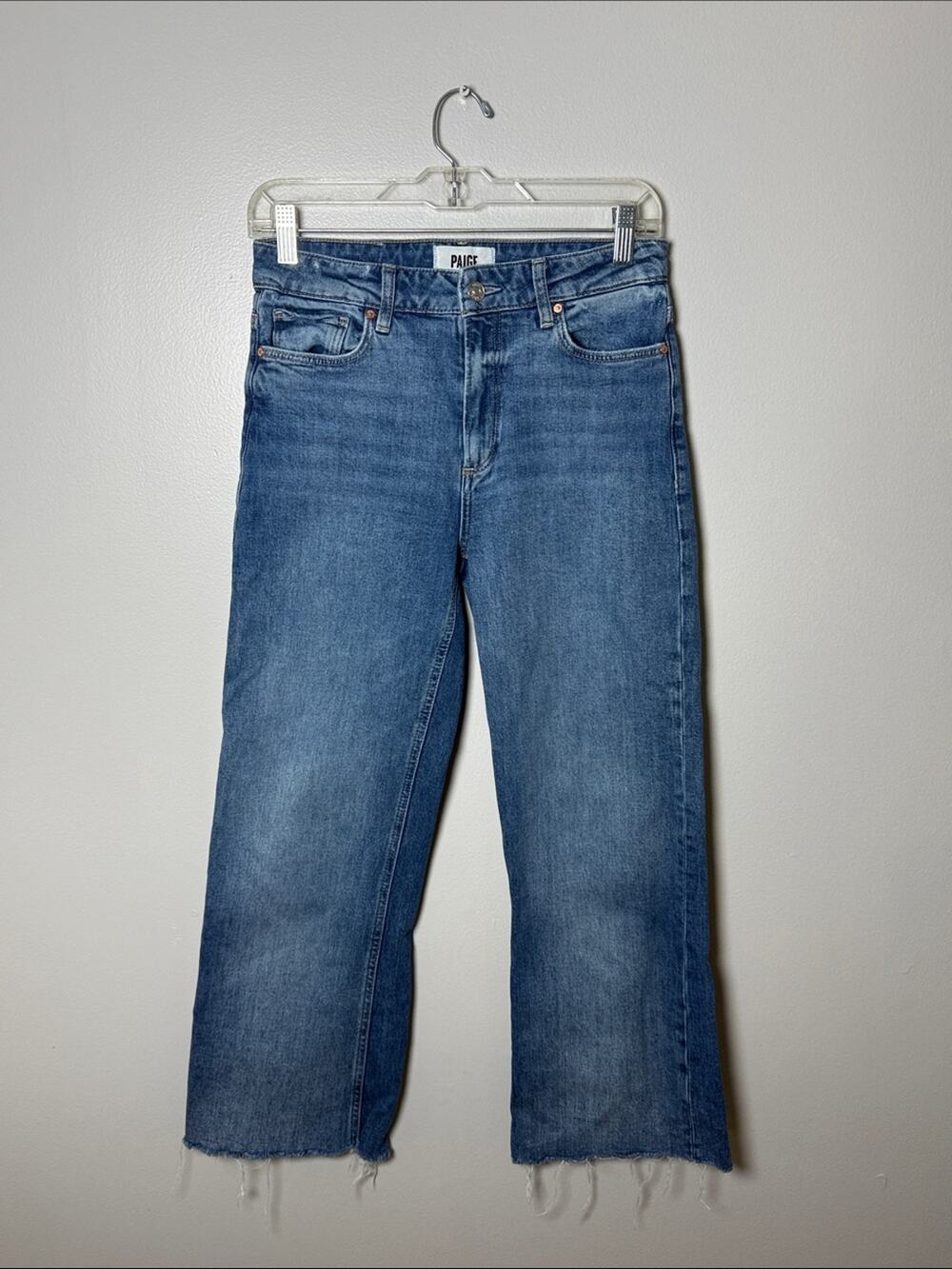 PAIGE Leenah Ankle Mid Blue Wide Crop Jeans with Raw Hem Size 28